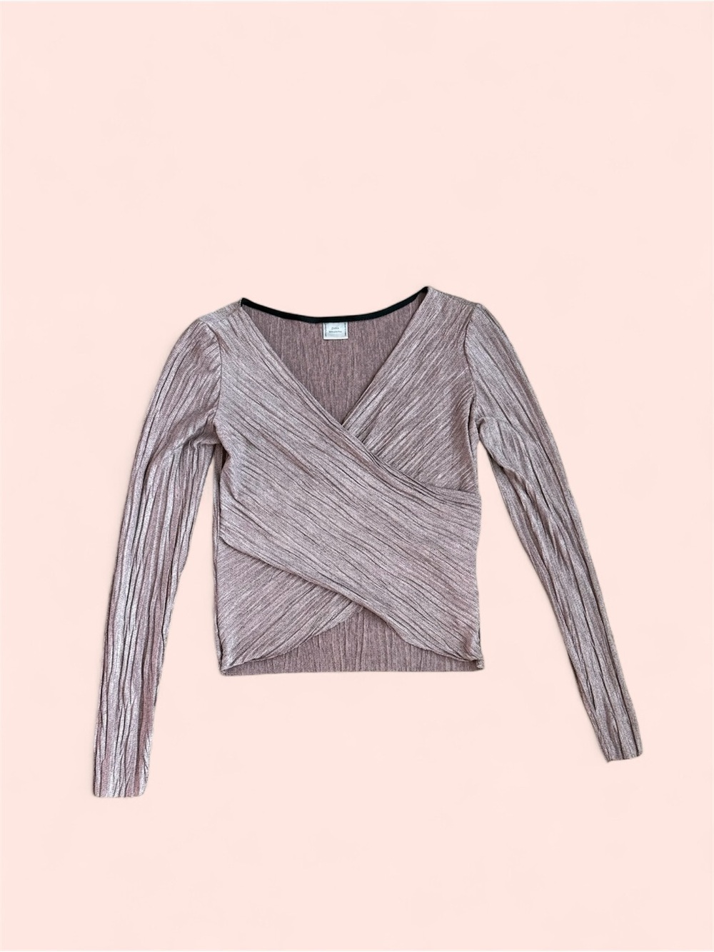 Zara Ribbed Wrap-Front Long Sleeve Top in Mauve